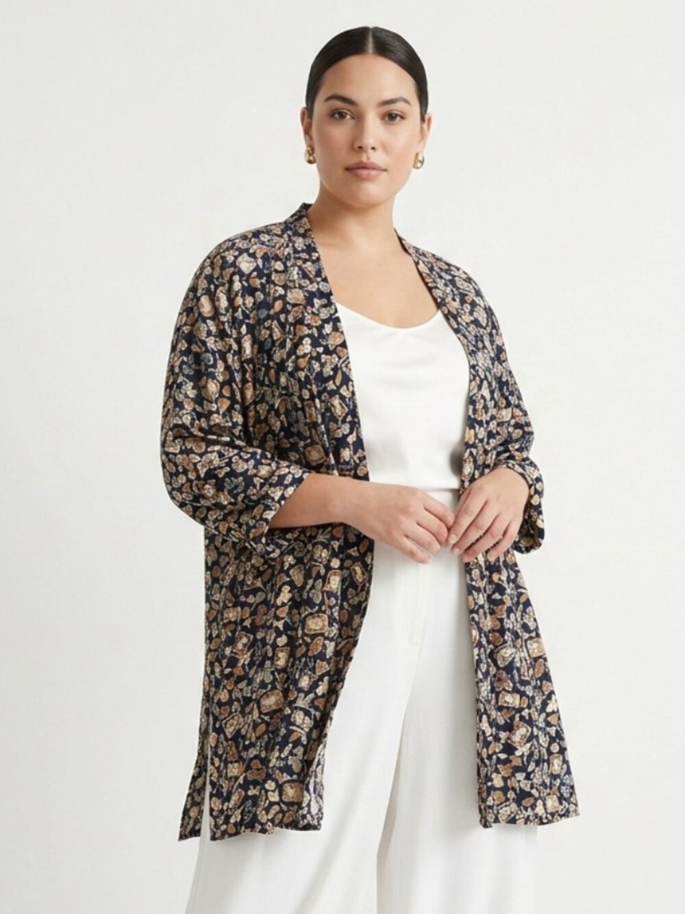 Vintage Sharon Anthony Kimono Jacket Navy Blue Floral Open Boho 18W